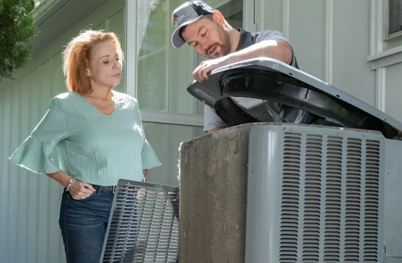 An HVAC Technician talking to a customer